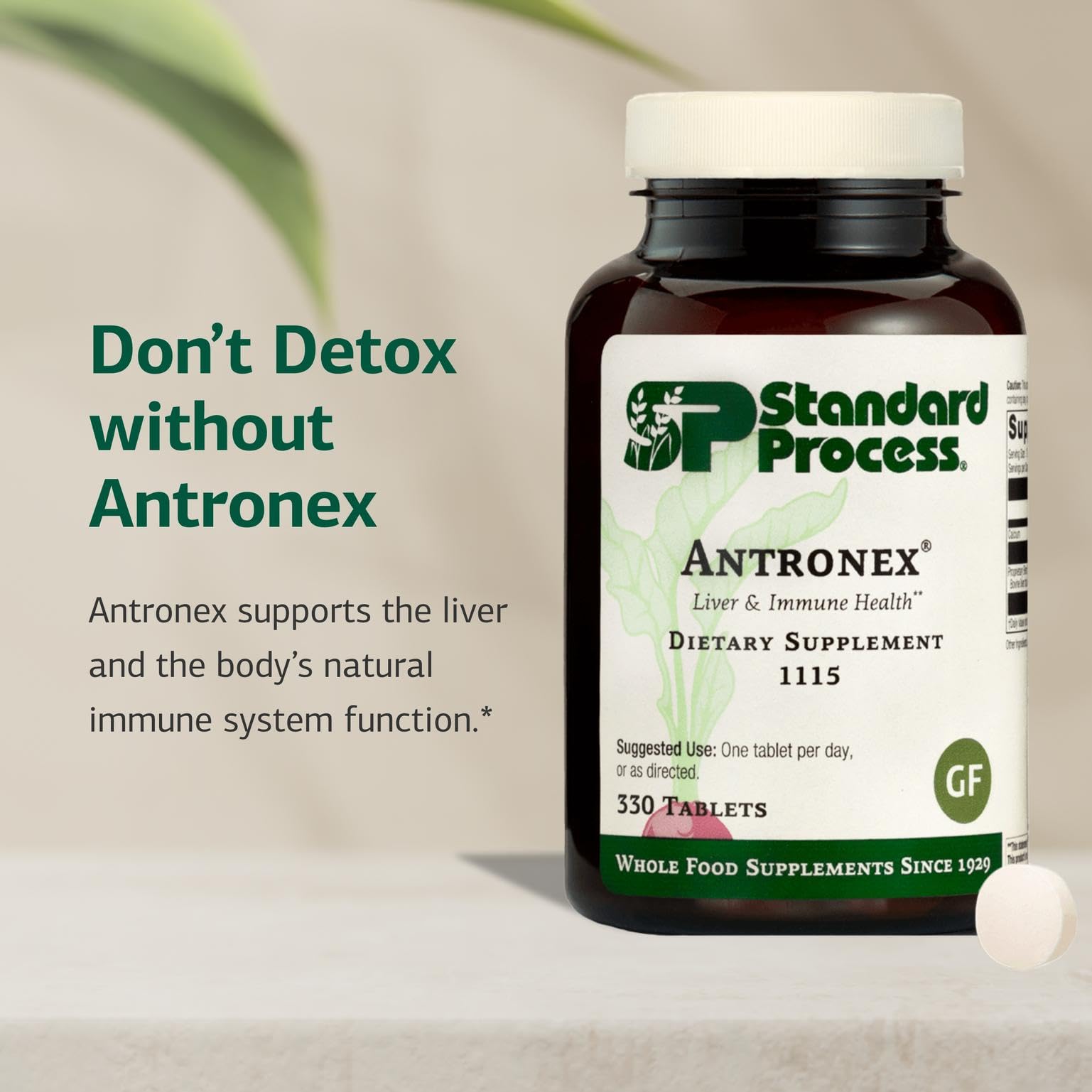 Standard Process Antronex tablets close-up emphasizes a compact daily immune-support option.