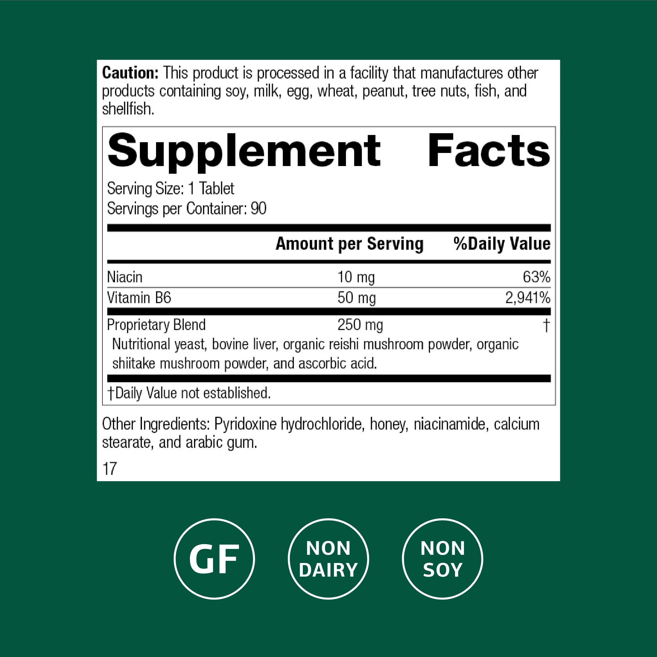 Standard Process B6-Niacinamide bottle label closeup, highlighting B6 and niacin for digestive support.