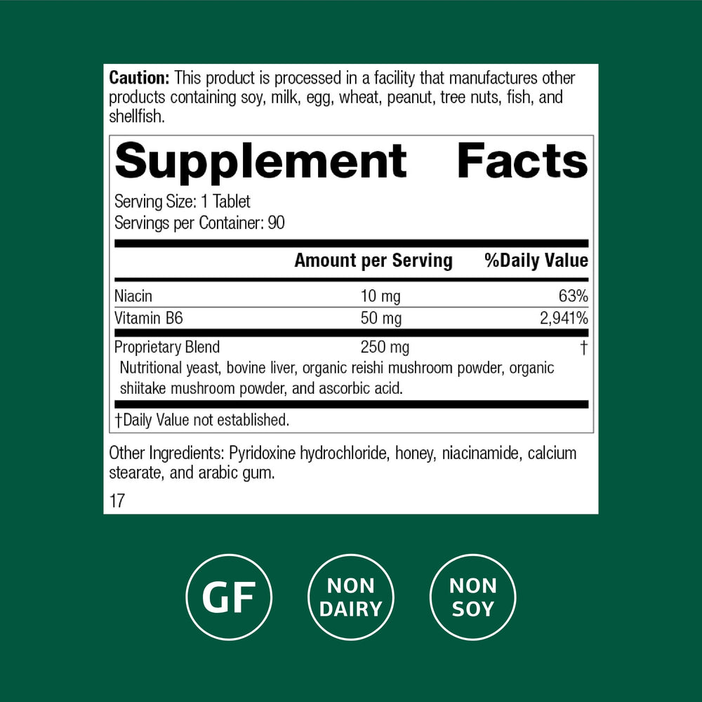 Standard Process B6-Niacinamide bottle label closeup, highlighting B6 and niacin for digestive support.