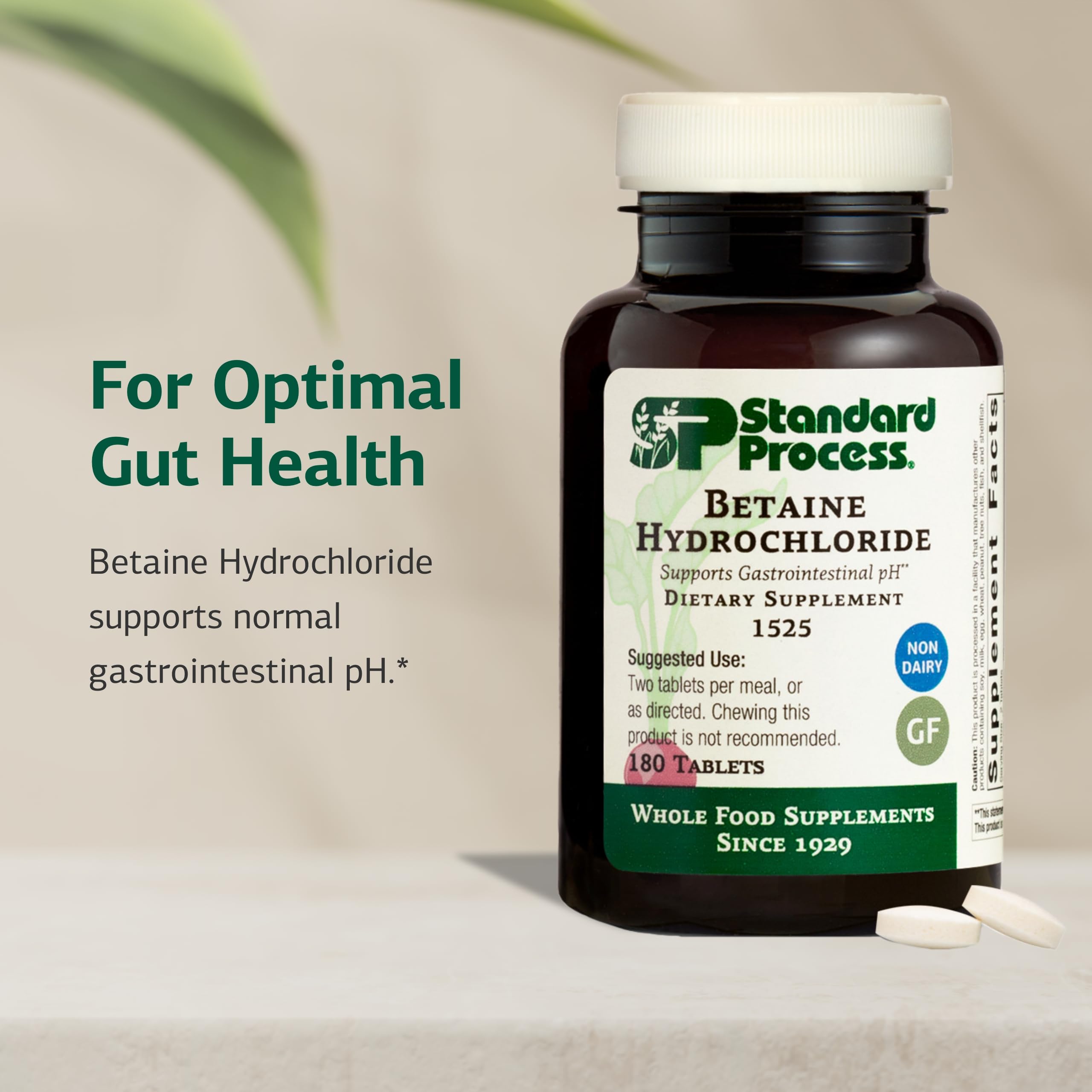 Standard Process Betaine Hydrochloride 180-tablets bottle on shelf for daily digestive support.
