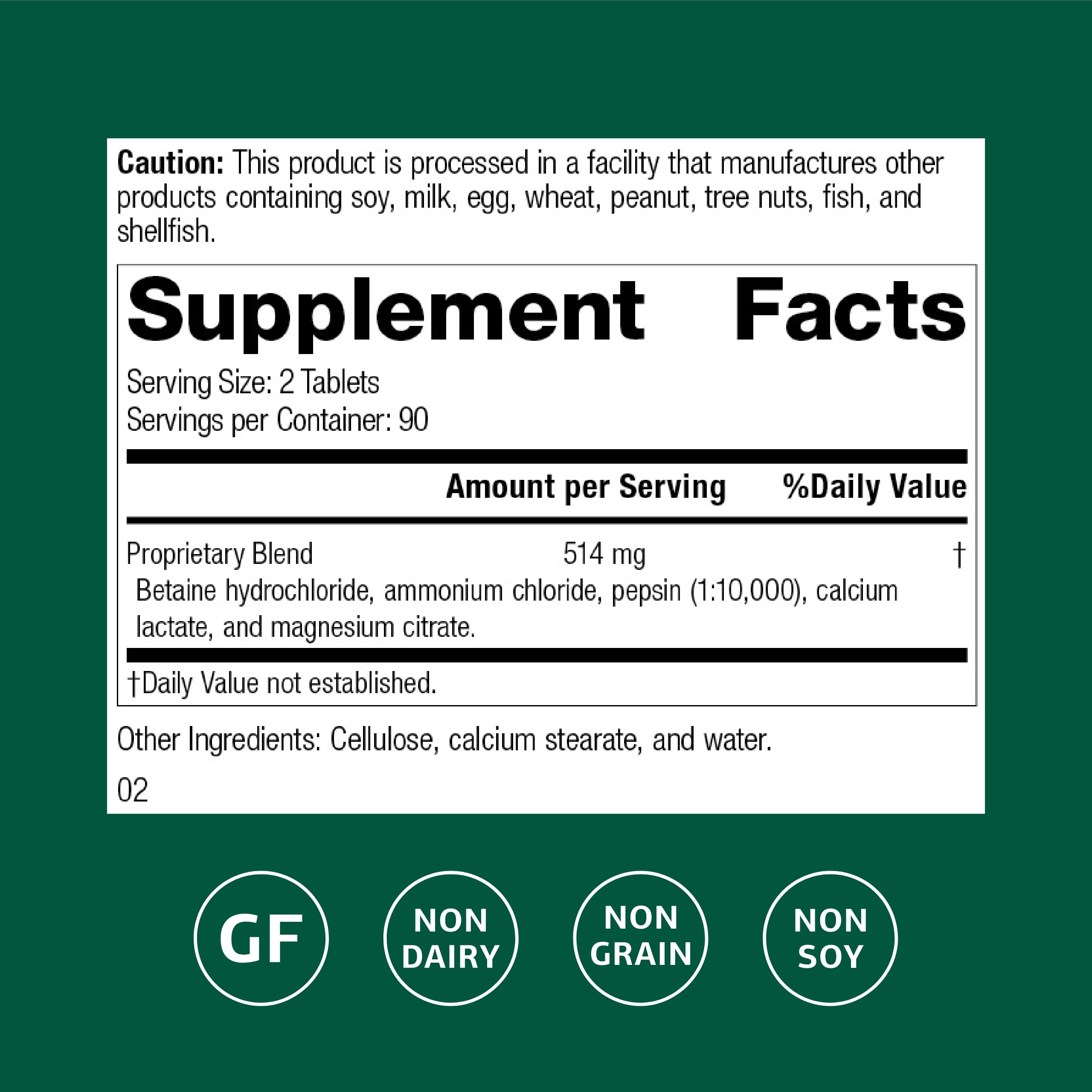 Standard Process Betaine Hydrochloride bottle label highlighting gluten-free, dairy-free, soy-free formulation.