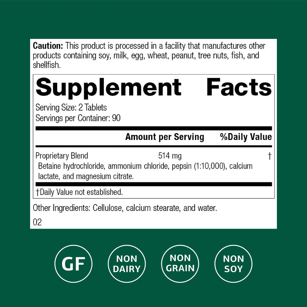 Standard Process Betaine Hydrochloride bottle label highlighting gluten-free, dairy-free, soy-free formulation.