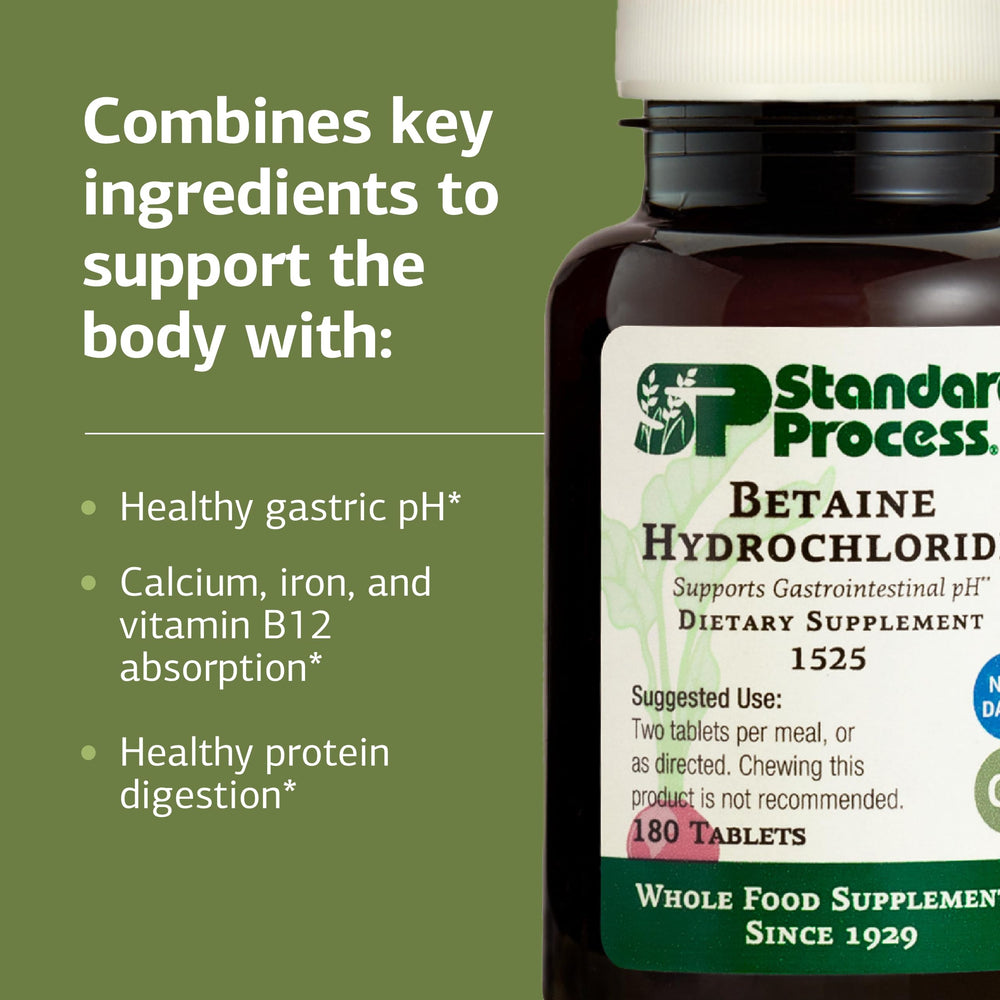 Standard Process Betaine Hydrochloride with meals for protein digestion assistance.