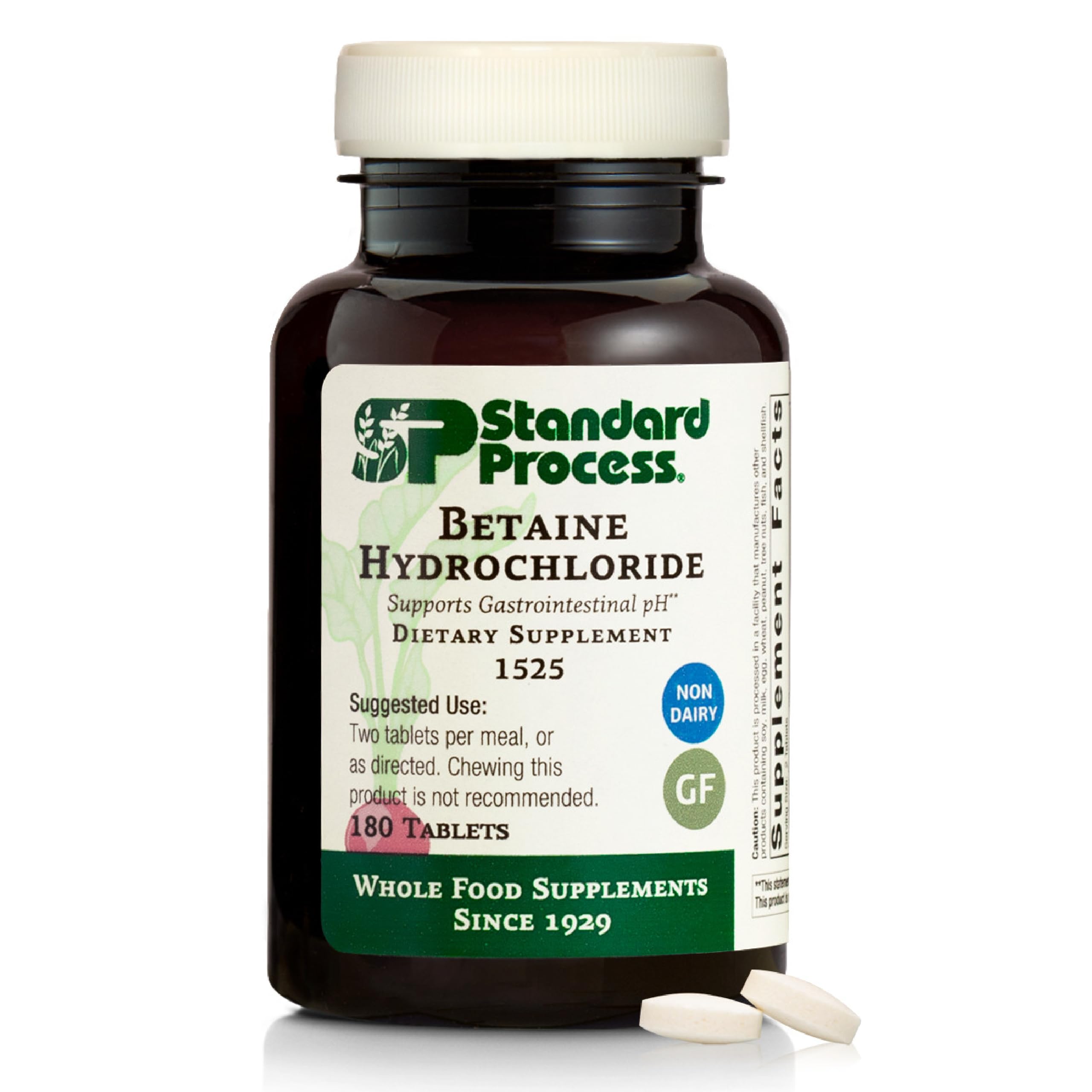 Standard Process Betaine Hydrochloride tablet close-up supporting digestive pH.