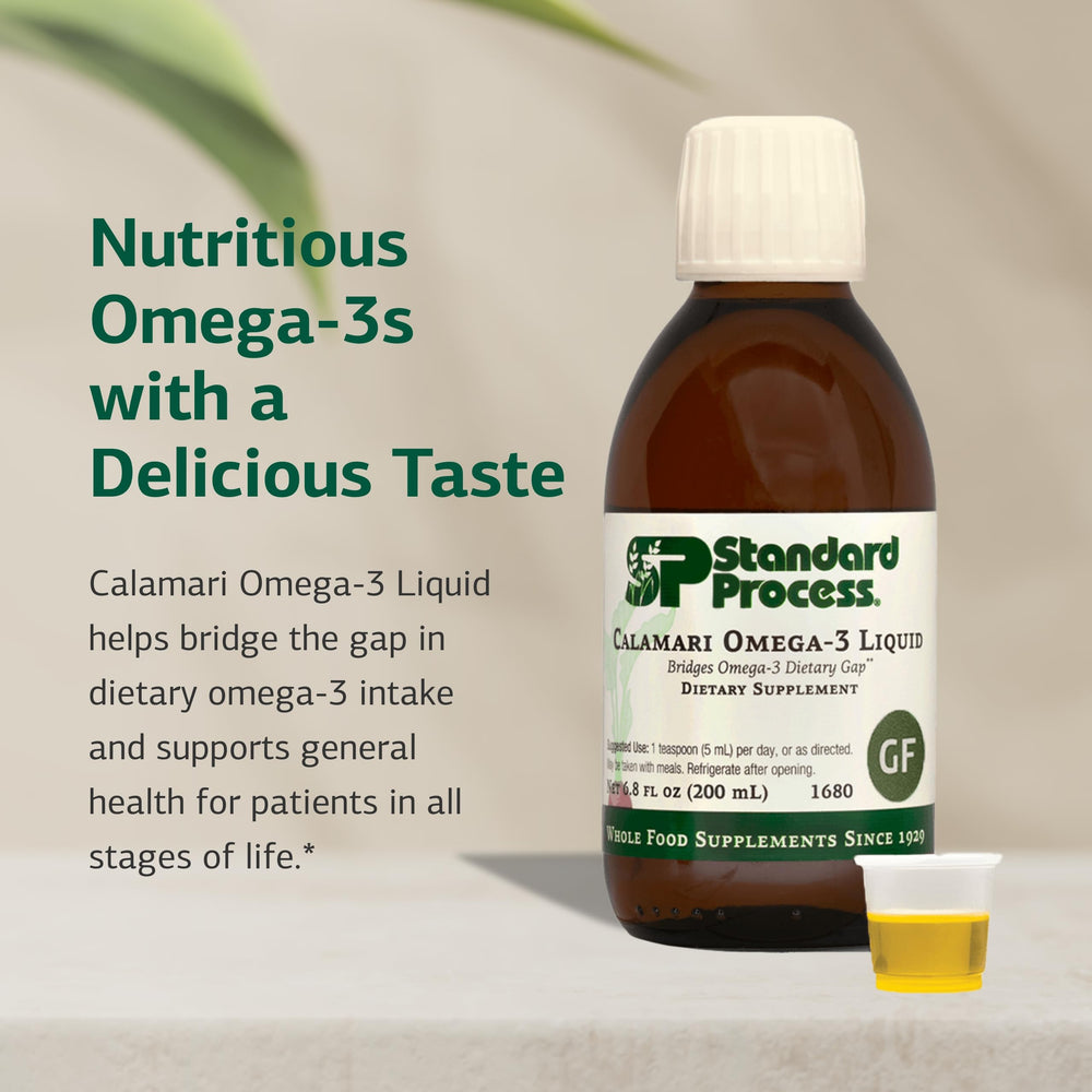 Calamari Omega-3 Liquid label close-up highlights gluten-free, dairy-free, non-grain formulation