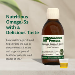 Calamari Omega-3 Liquid label close-up highlights gluten-free, dairy-free, non-grain formulation