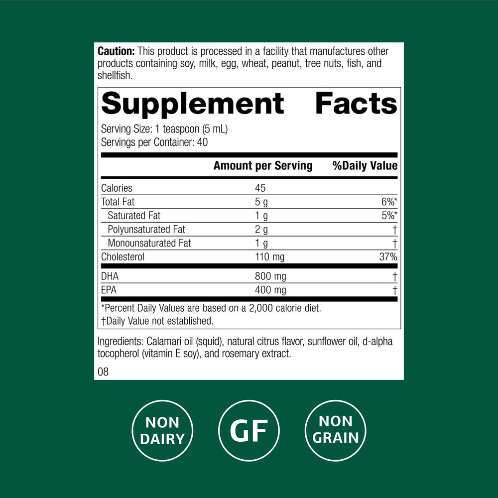 Standard Process Calamari Omega-3 Liquid pour shows easy daily intake for convenience