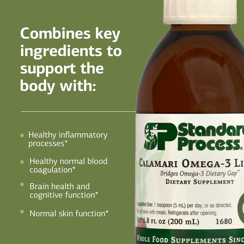 Standard Process Calamari Omega-3 Liquid serving idea suggests flexible use with meals