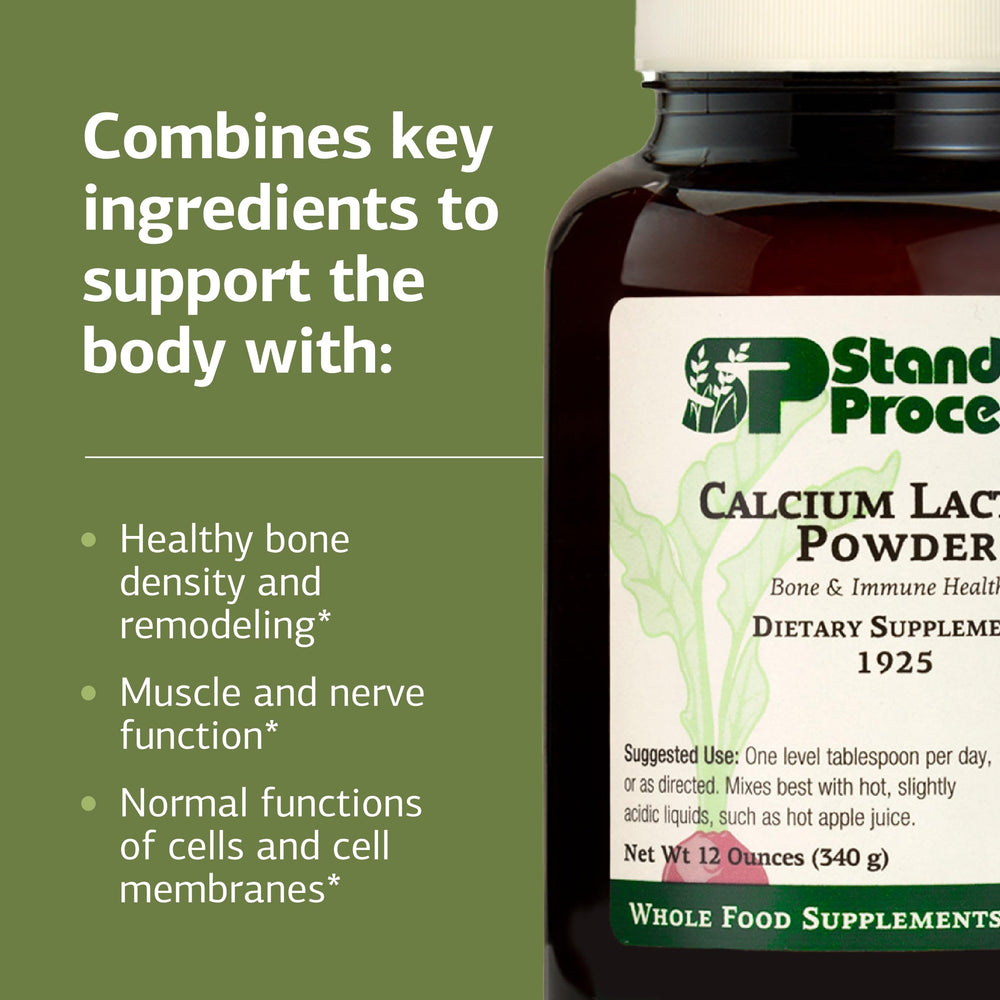 Standard Process Calcium Lactate Powder bottle with foods suggests convenient use.