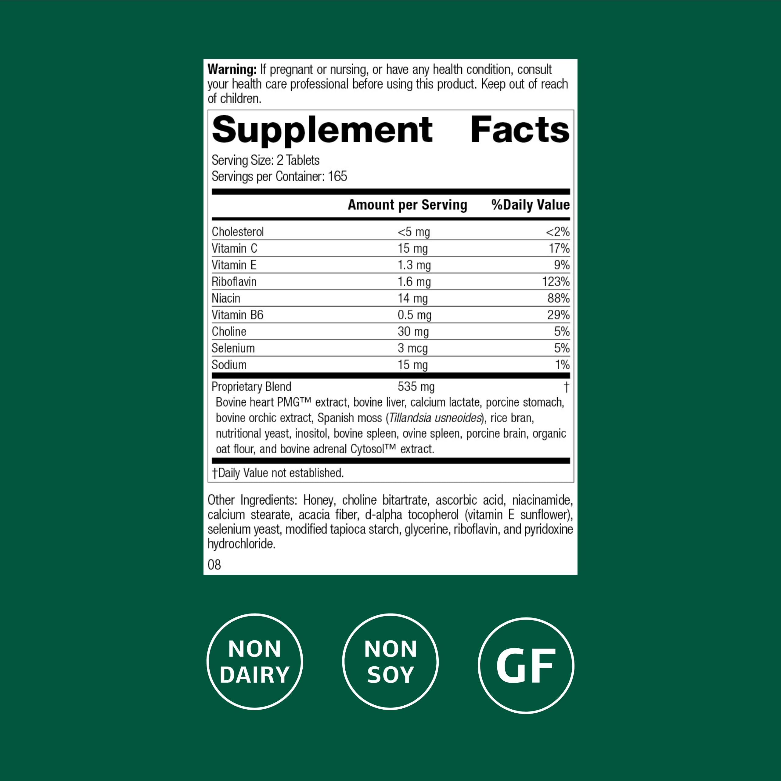Standard Process Cardio-Plus GF bottle side view highlights gluten-free and non-dairy formulation.