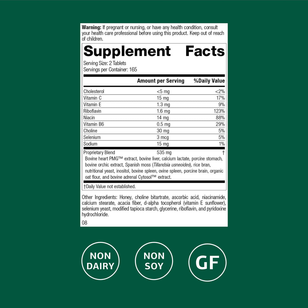 Standard Process Cardio-Plus GF bottle side view highlights gluten-free and non-dairy formulation.