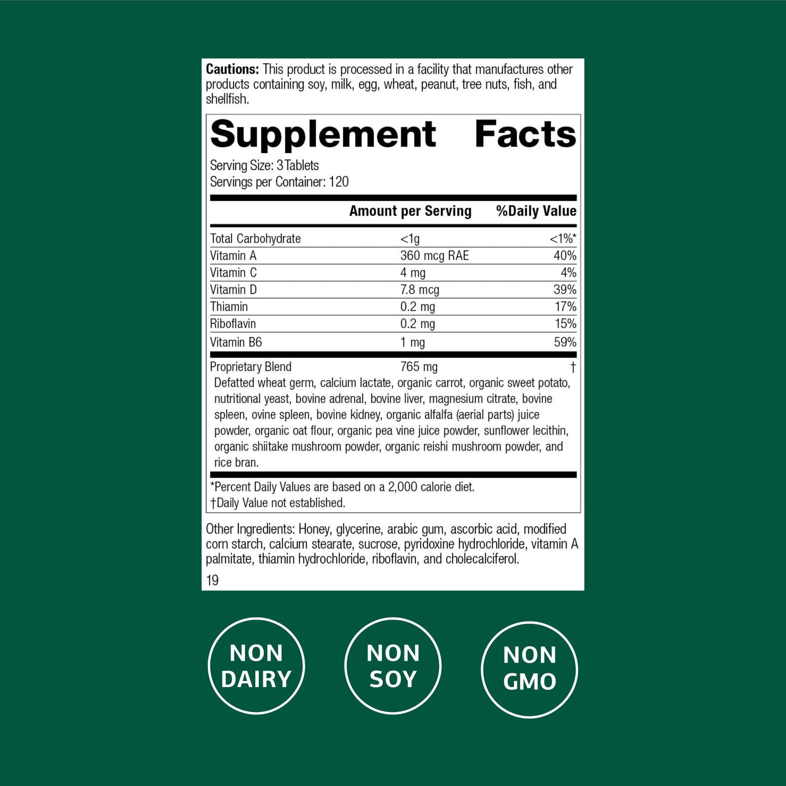 Standard Process Catalyn bottle side view highlighting non-dairy, non-soy formulation for dietary flexibility