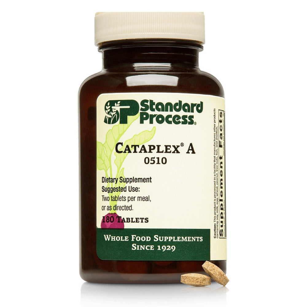 Standard Process Cataplex A bottle label highlights beta-carotene sources supporting healthy eyes.