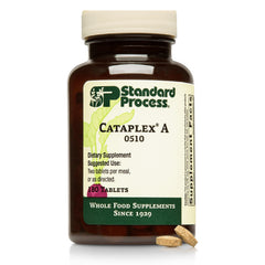 Standard Process Cataplex A bottle label highlights beta-carotene sources supporting healthy eyes.