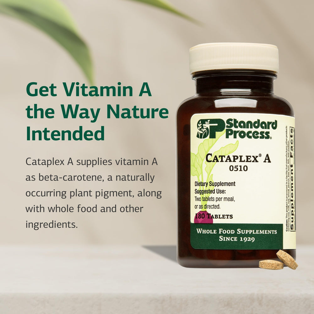 Standard Process Cataplex A tablets image showcases non-dairy, non-soy formulation for sensitive diets.