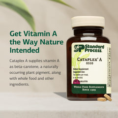 Standard Process Cataplex A tablets image showcases non-dairy, non-soy formulation for sensitive diets.