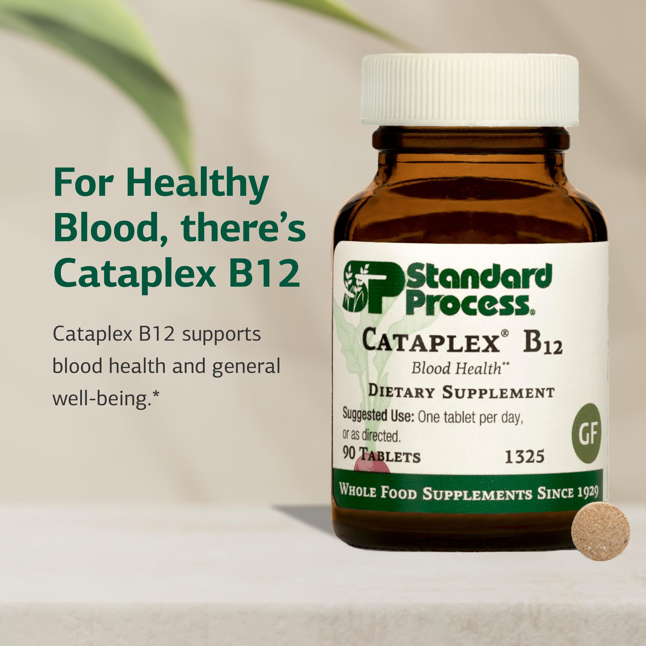 Close-up of Cataplex B12 label highlighting gluten-free and non-dairy features.