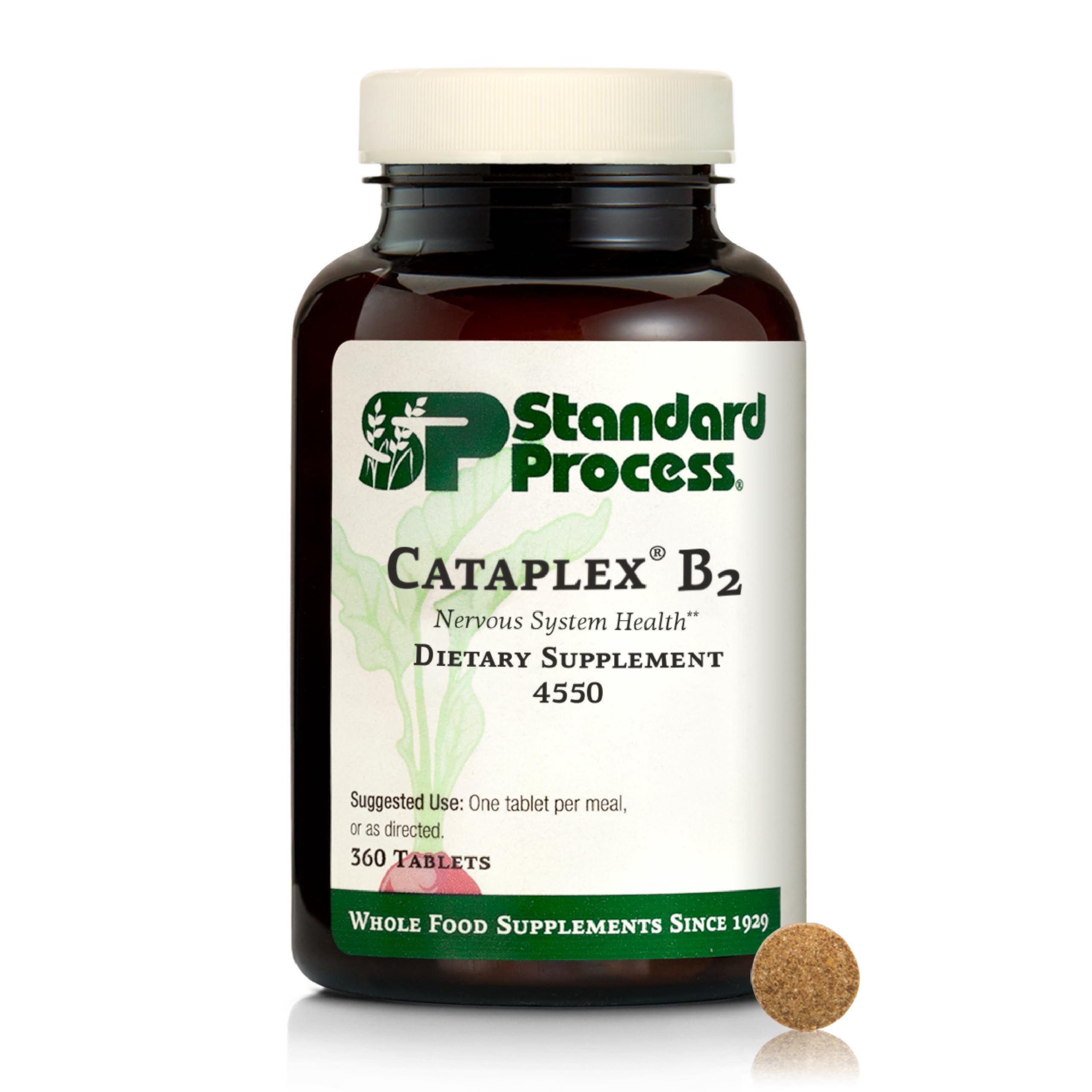 Standard Process Cataplex B2 bottle front with label highlighting nerve support potential.