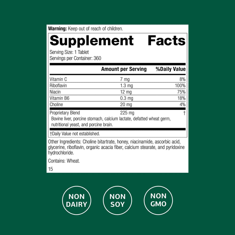 Standard Process Cataplex B2 label closeup highlighting riboflavin-rich formula for brain health.
