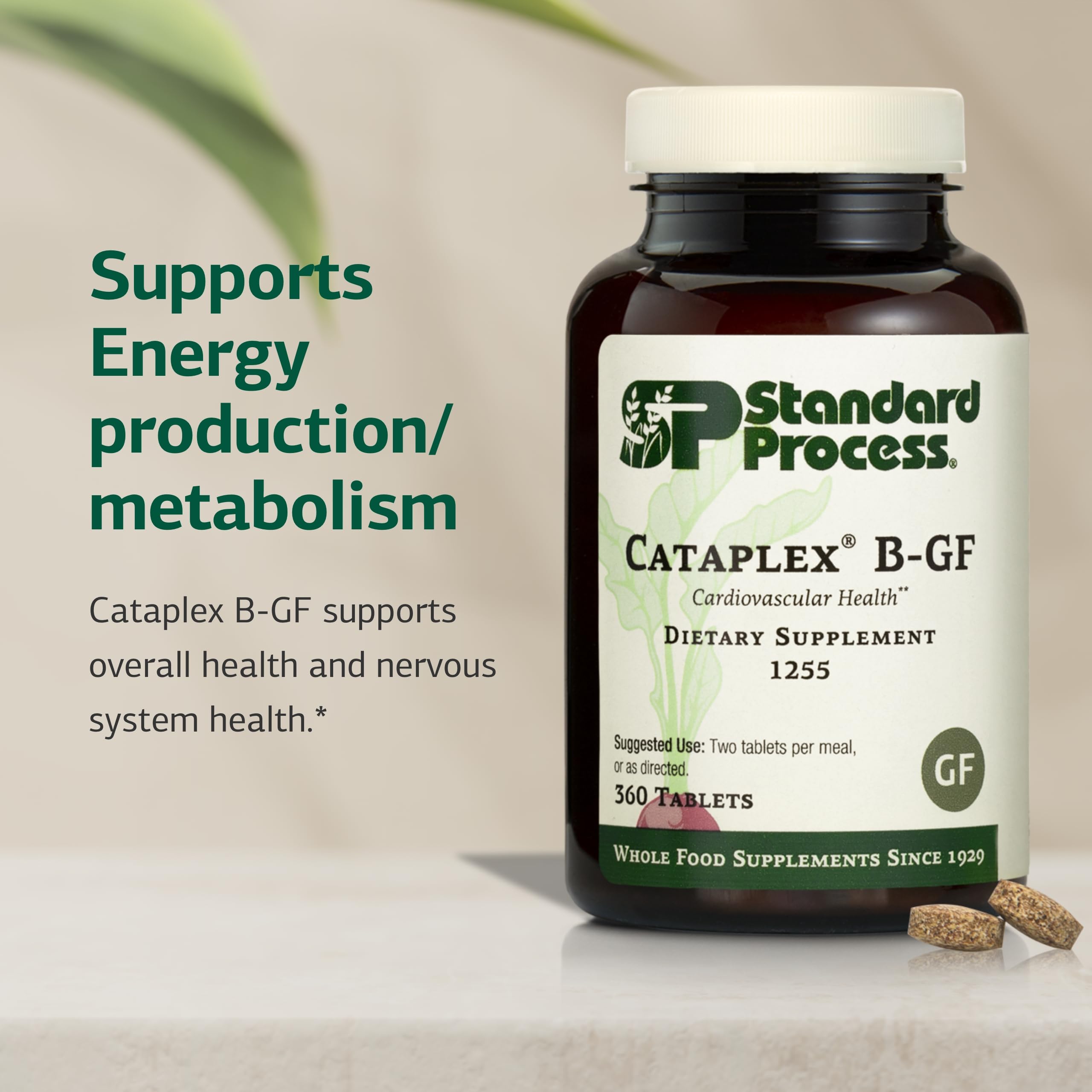 Cataplex B-GF bottle back label detailing ingredients for heart and nervous system support.