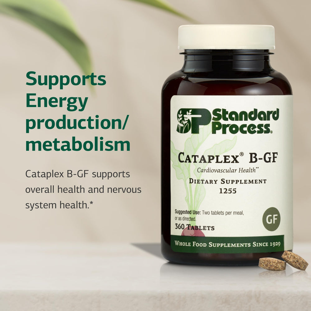 Cataplex B-GF bottle back label detailing ingredients for heart and nervous system support.