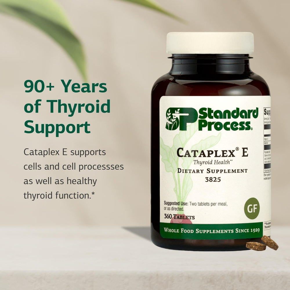 Standard Process Cataplex E bottle front displaying gluten-free, non-dairy, non-soy features.