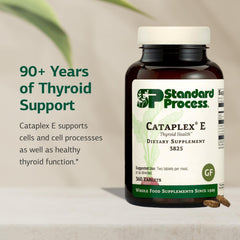 Standard Process Cataplex E bottle front displaying gluten-free, non-dairy, non-soy features.