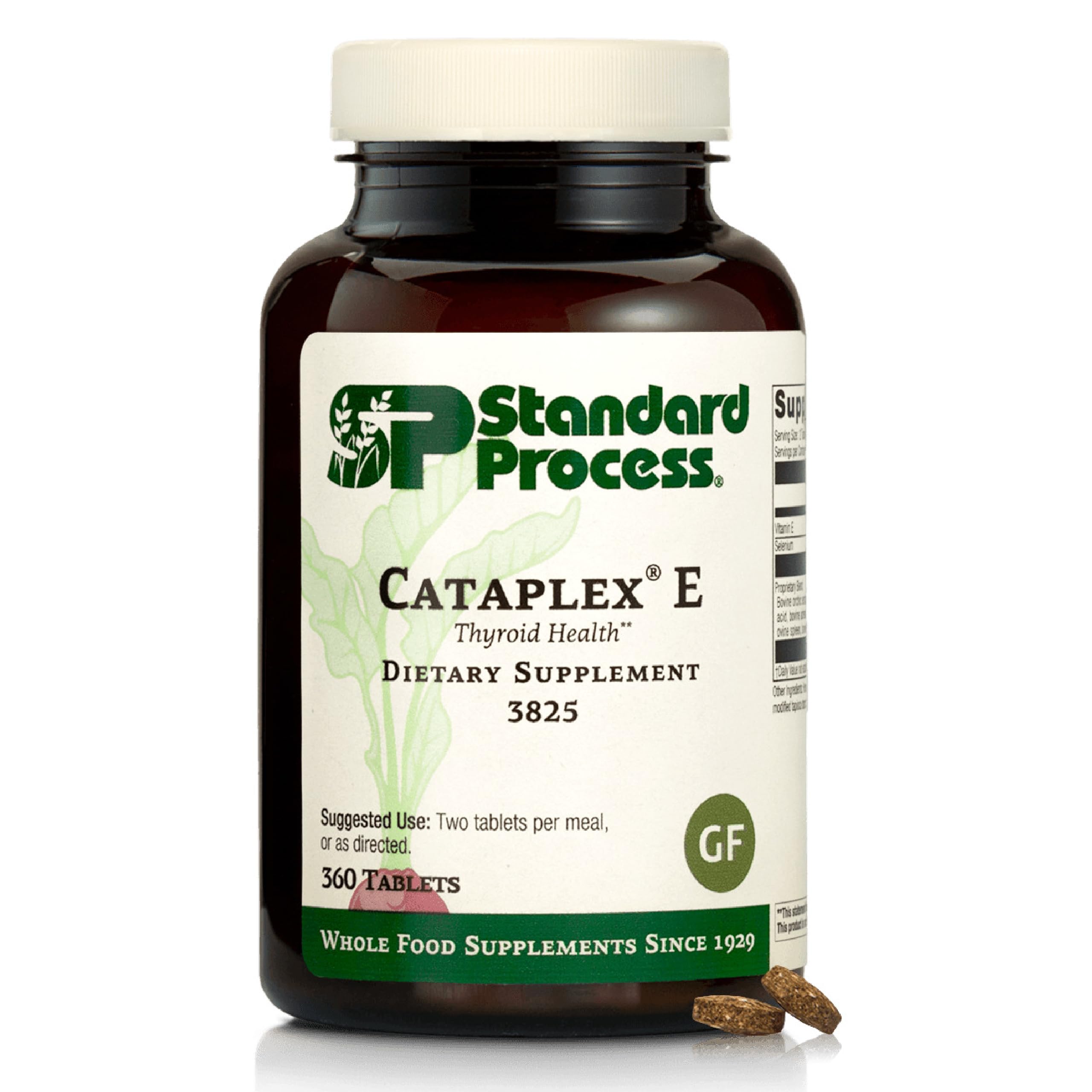 Standard Process Cataplex E bottle label highlighting endocrine support and vitamin E benefits.