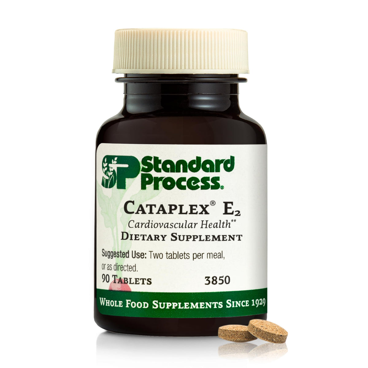 Standard Process Cataplex E2 bottle front showing vitamin E and selenium support for heart health.