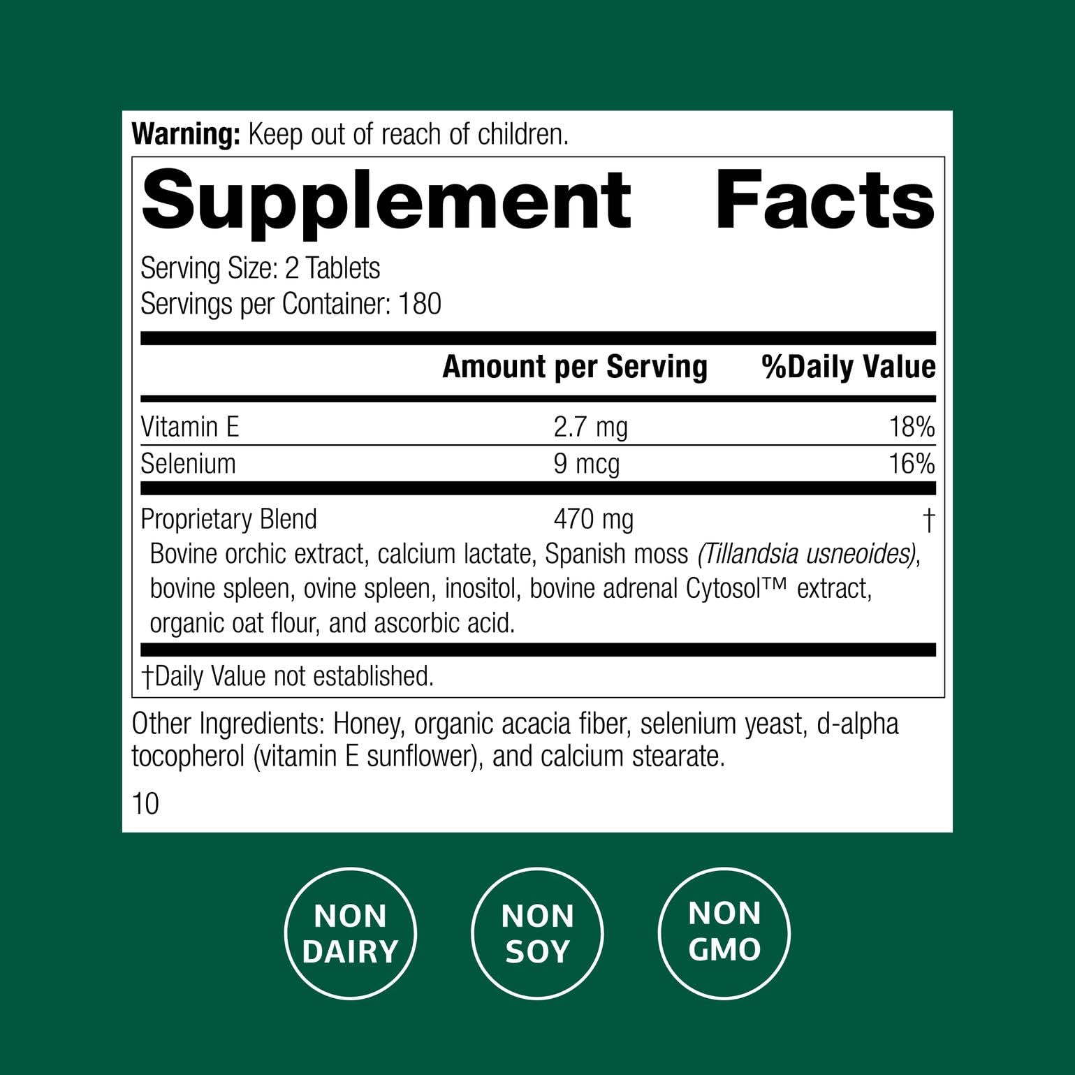 Cataplex E2 label closeup showing non-dairy and non-soy formulation.