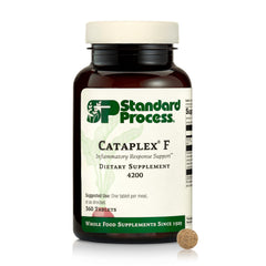 Standard Process Cataplex F bottle front view highlighting the 90 tablets for thyroid support.
