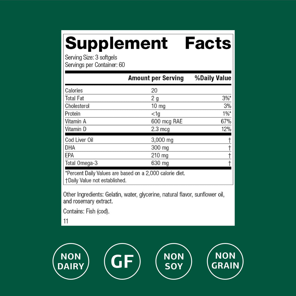 Standard Process Cod Liver Oil capsules showing convenient softgels for easy daily use.