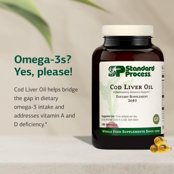 Standard Process Cod Liver Oil softgel close-up highlighting omega-3 content.