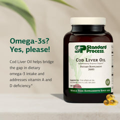 Standard Process Cod Liver Oil softgel close-up highlighting omega-3 content.