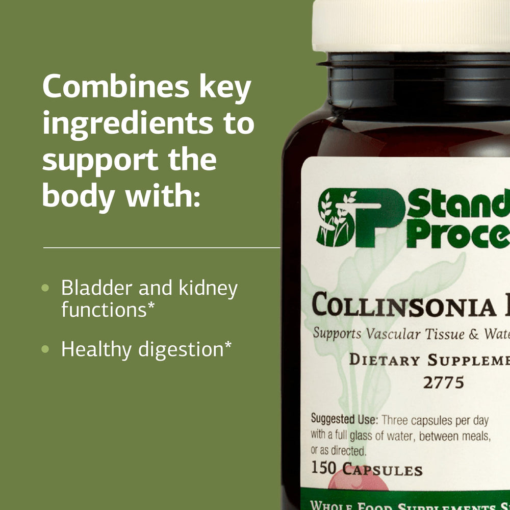 Standard Process Collinsonia Root bottle with water illustrating dosage for digestive health