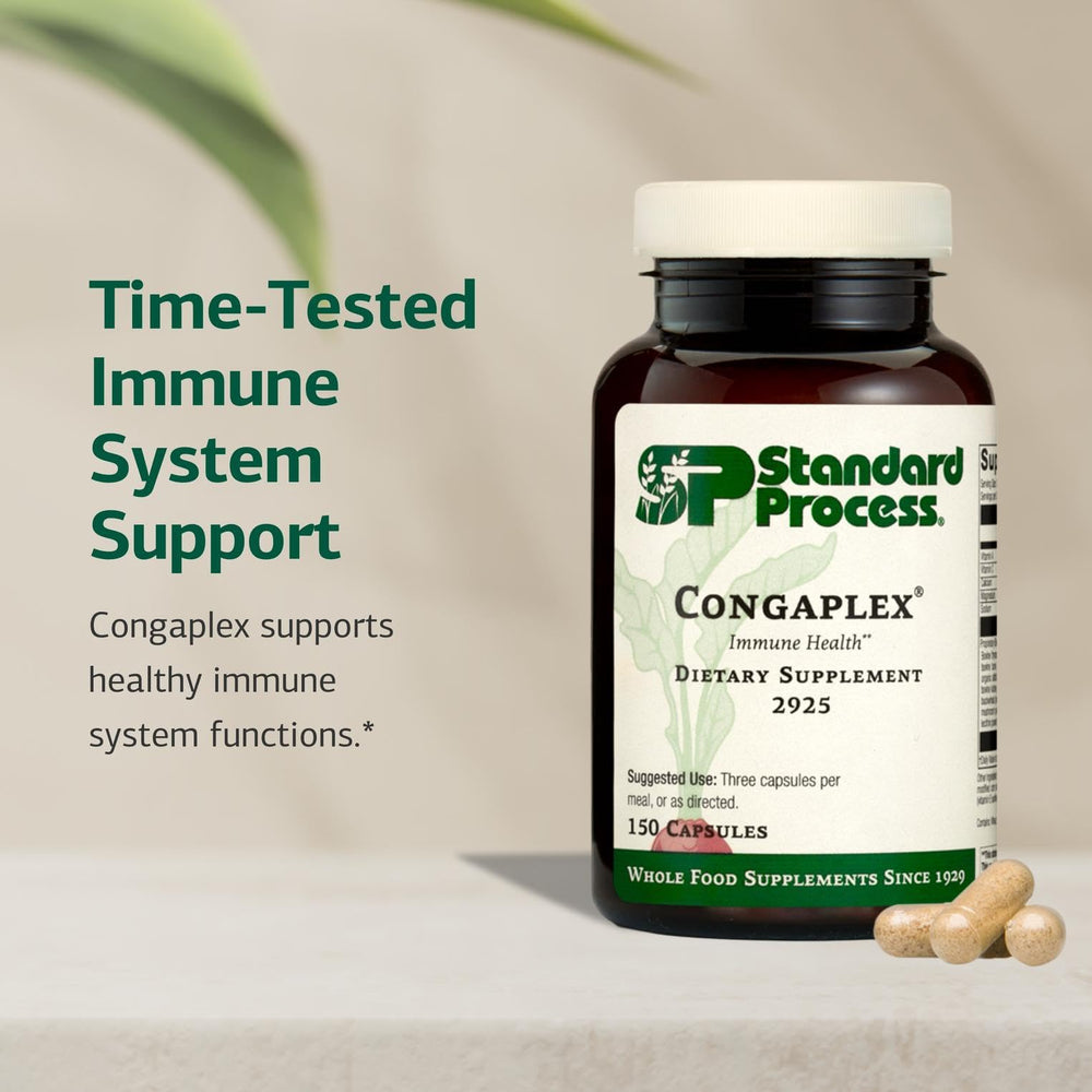 Standard Process Congaplex capsules on surface for daily immune wellness.