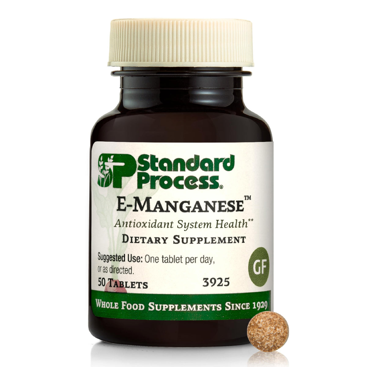 Standard Process E-Manganese bottle front, daily antioxidant-support nutrition.