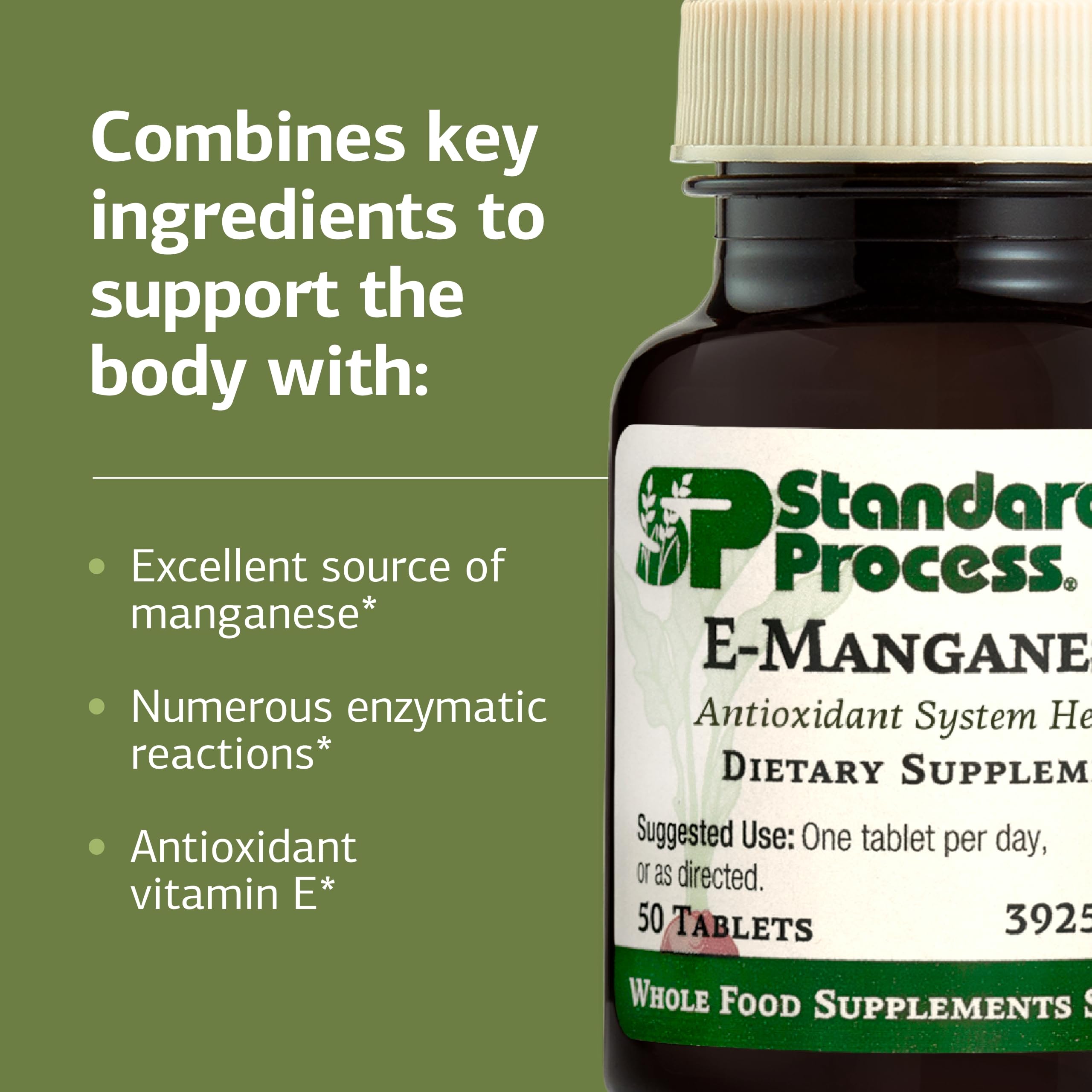 Standard Process E-Manganese nutrition label with key minerals and whole-food ingredients.