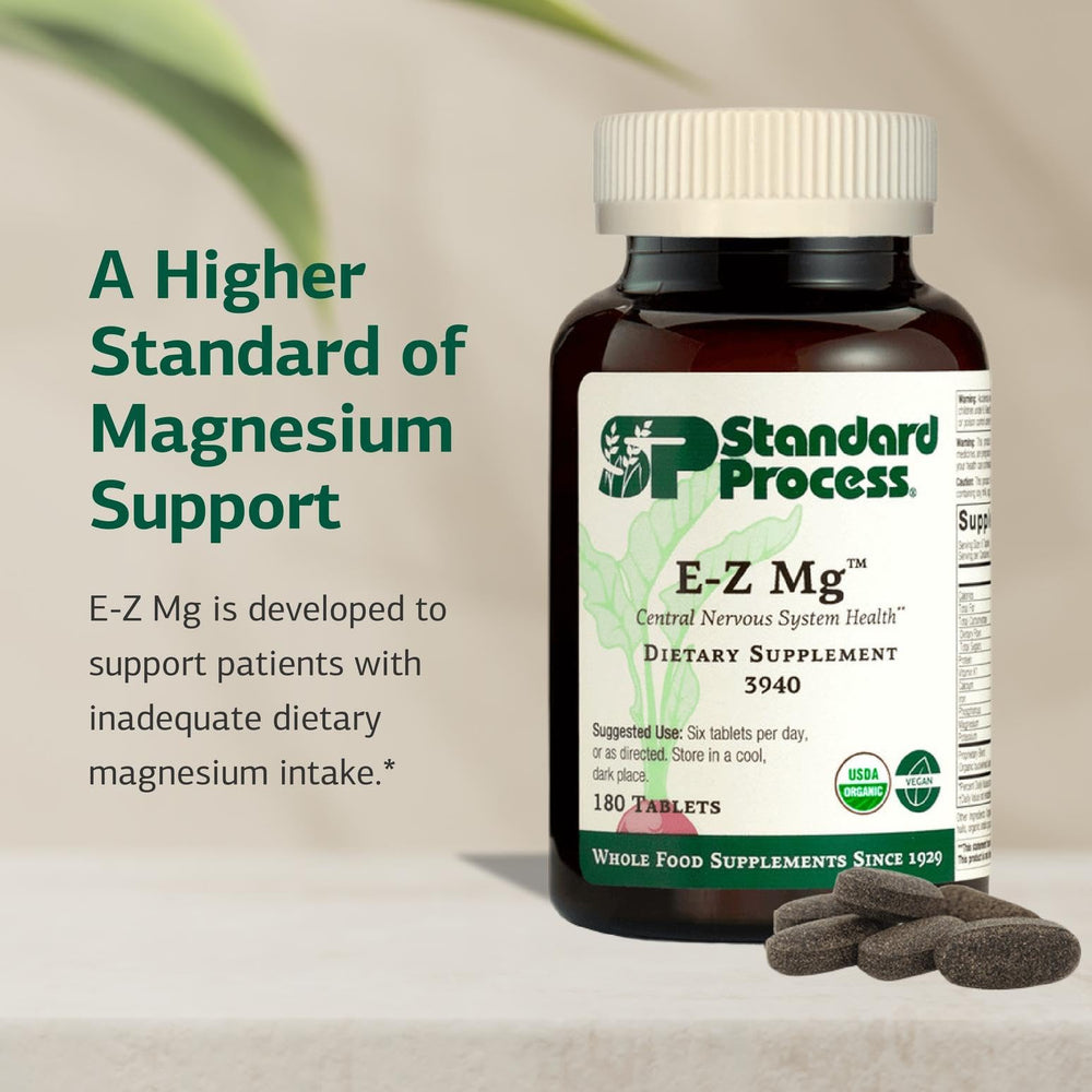 Close-up of E-Z Mg tablets showing compact shape for daily mineral intake