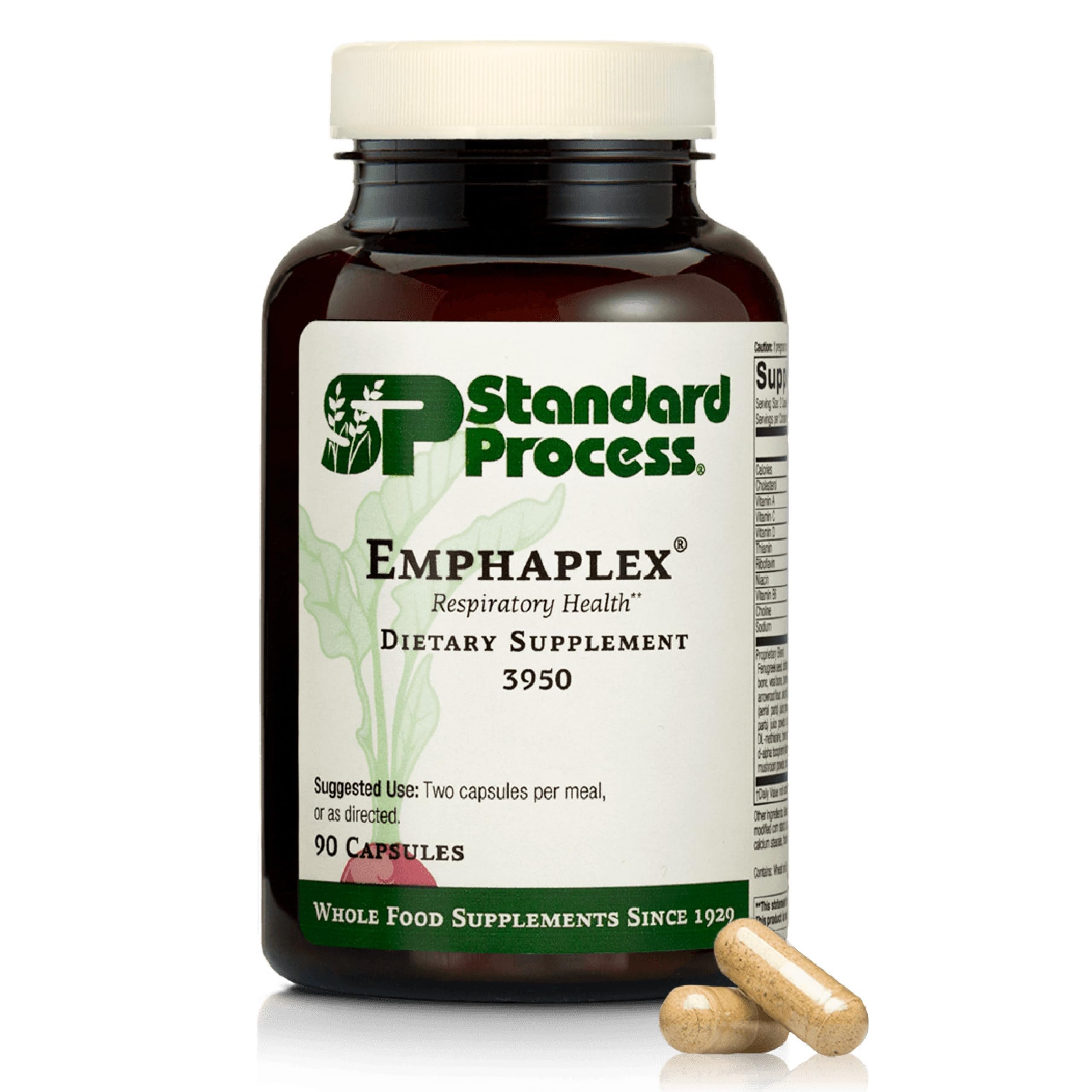 Standard Process Emphaplex bottle with capsules supporting respiratory health.