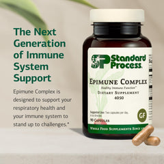 Standard Process Epimune Complex label detail emphasizes plant-based ingredients and gluten-free format