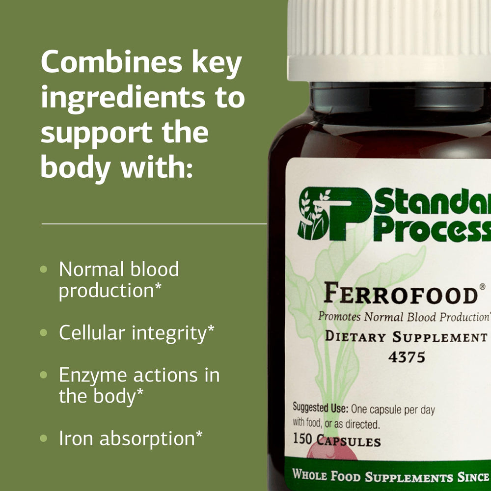 Ferrofood capsules closeup conveys clear dosing and vegan-friendly design.