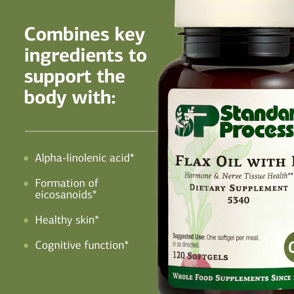 Standard Process Flax Oil with B6 gluten-free dairy-free label signals flexibility