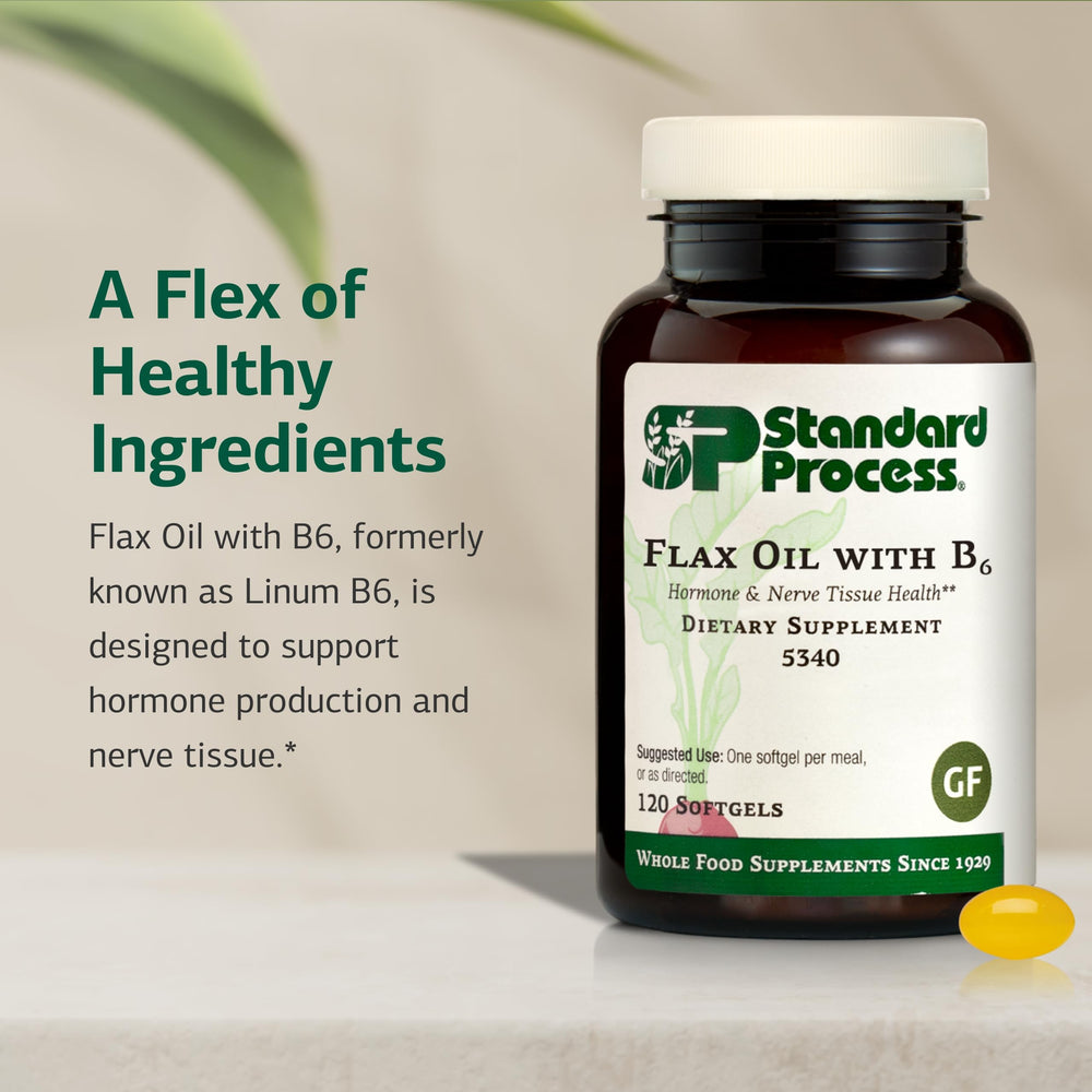 Standard Process Flax Oil with B6 ingredients chart highlights whole-food origin and B6