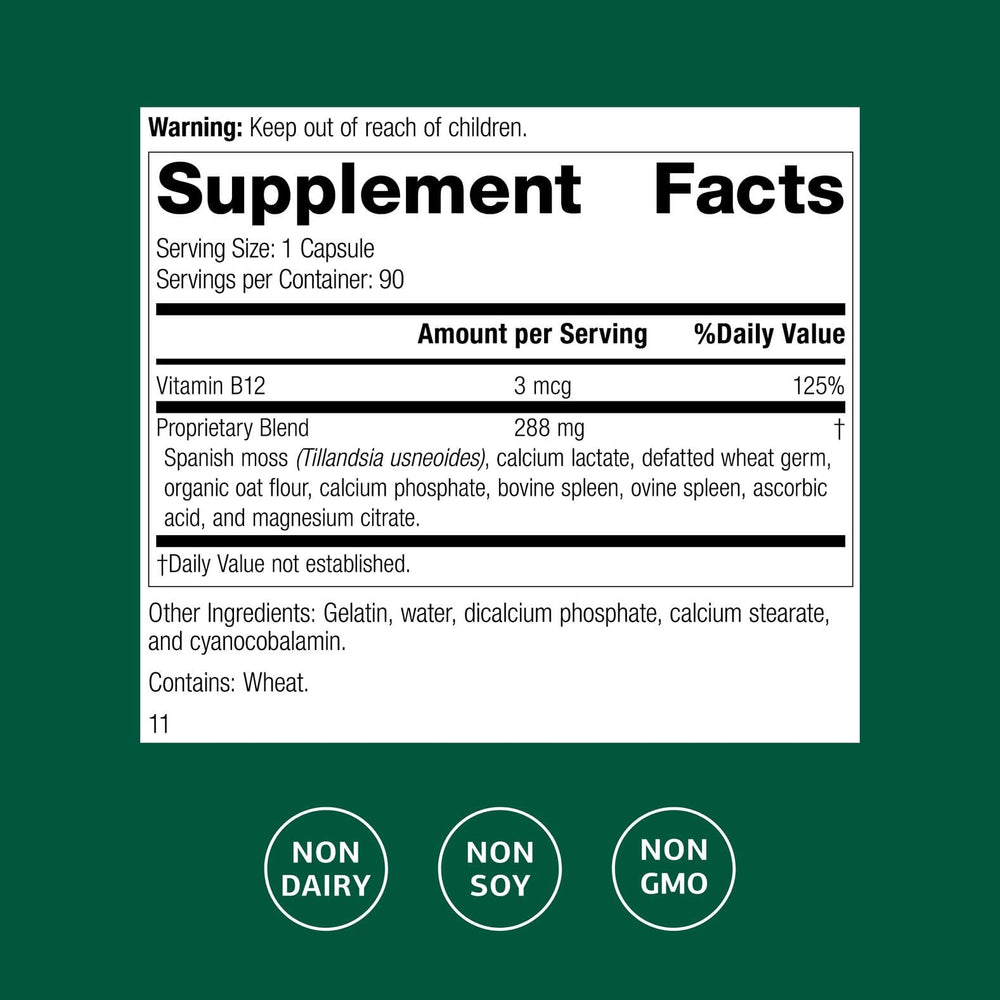 For-Til B12 capsules close-up highlighting plant-based B12 core for energy support