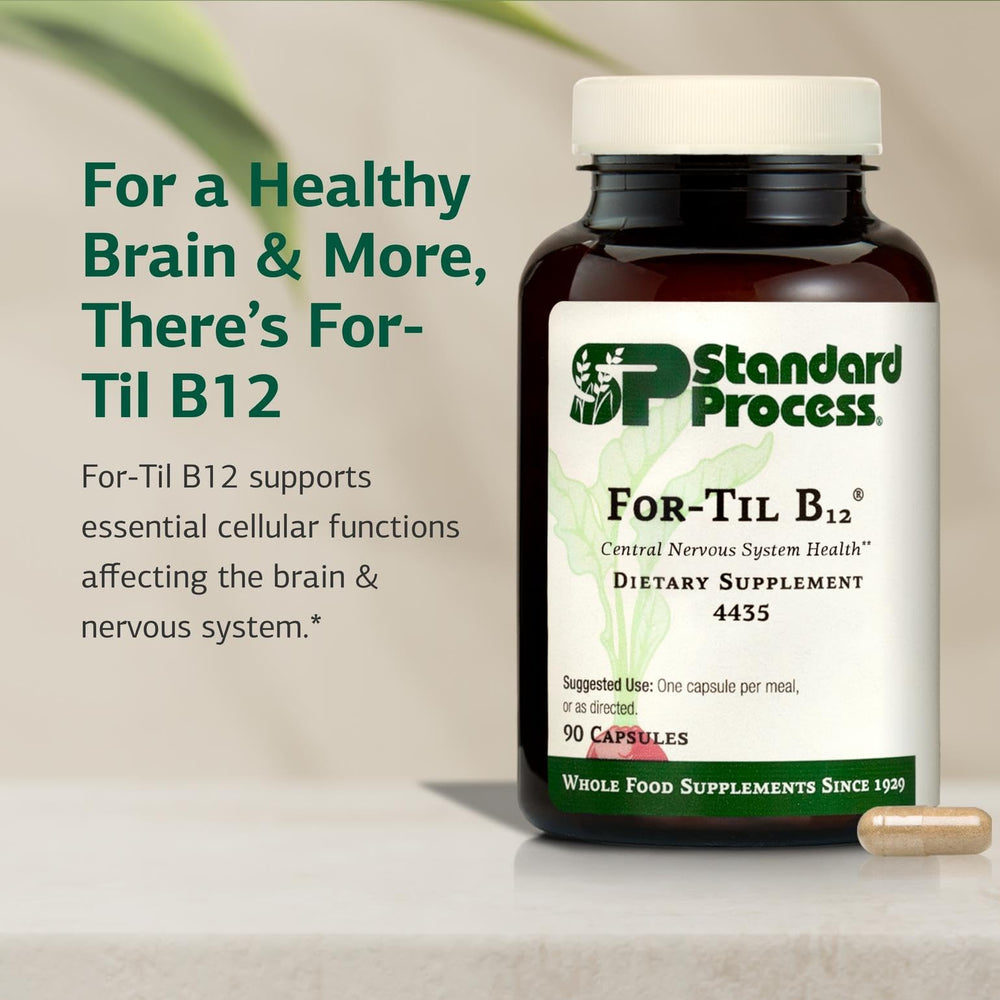 Standard Process For-Til B12 label shows whole-food blend and 90-capsule count