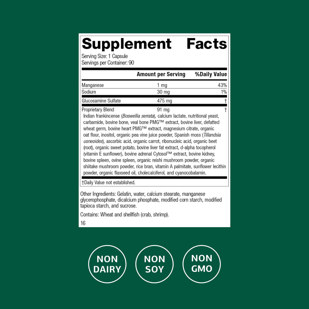 Standard Process Glucosamine Synergy bottle label shows whole food ingredients.