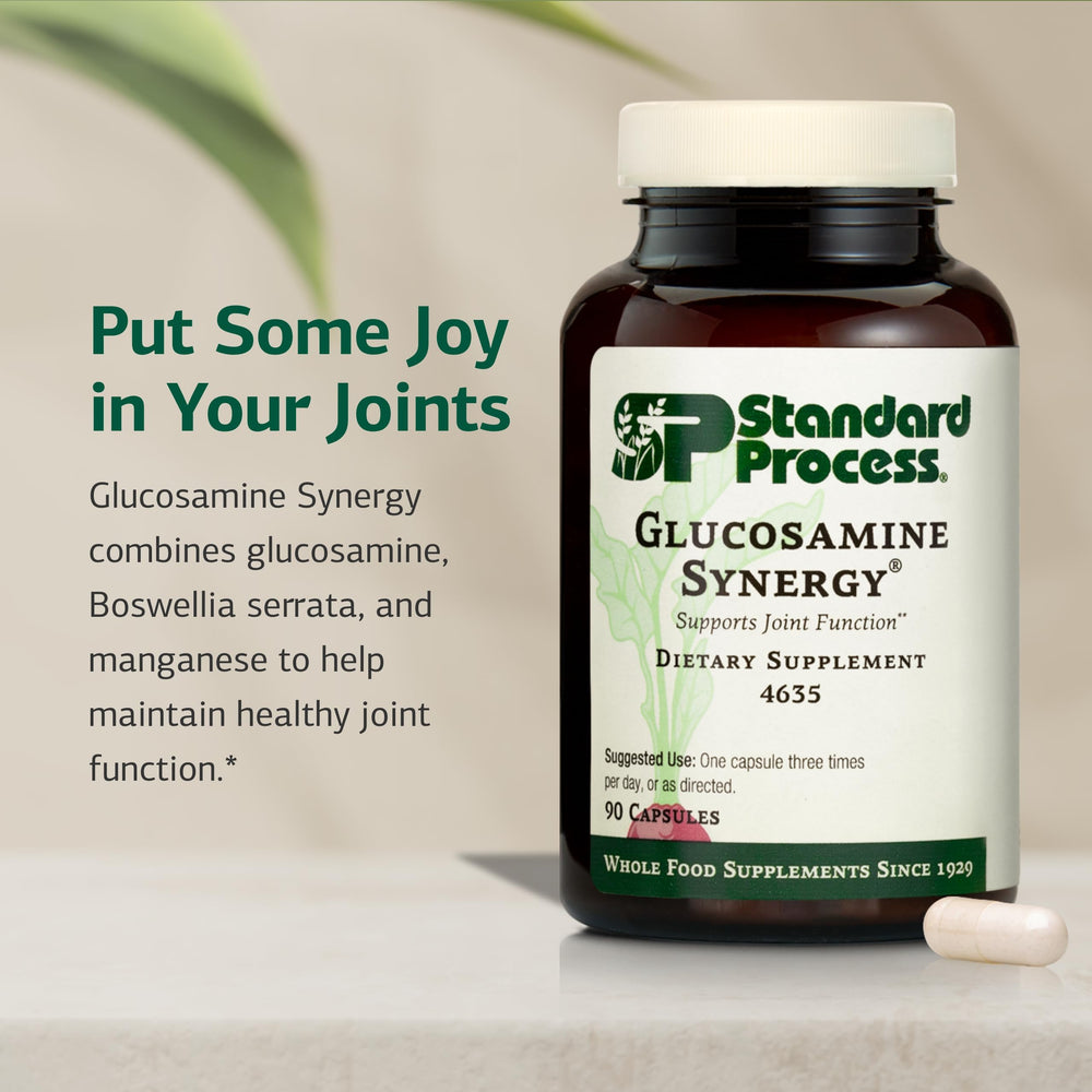 Standard Process Glucosamine Synergy capsules close-up for easy daily use.