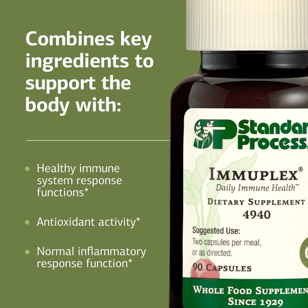 Immuplex bottle shown with a recommended daily dose in mind.