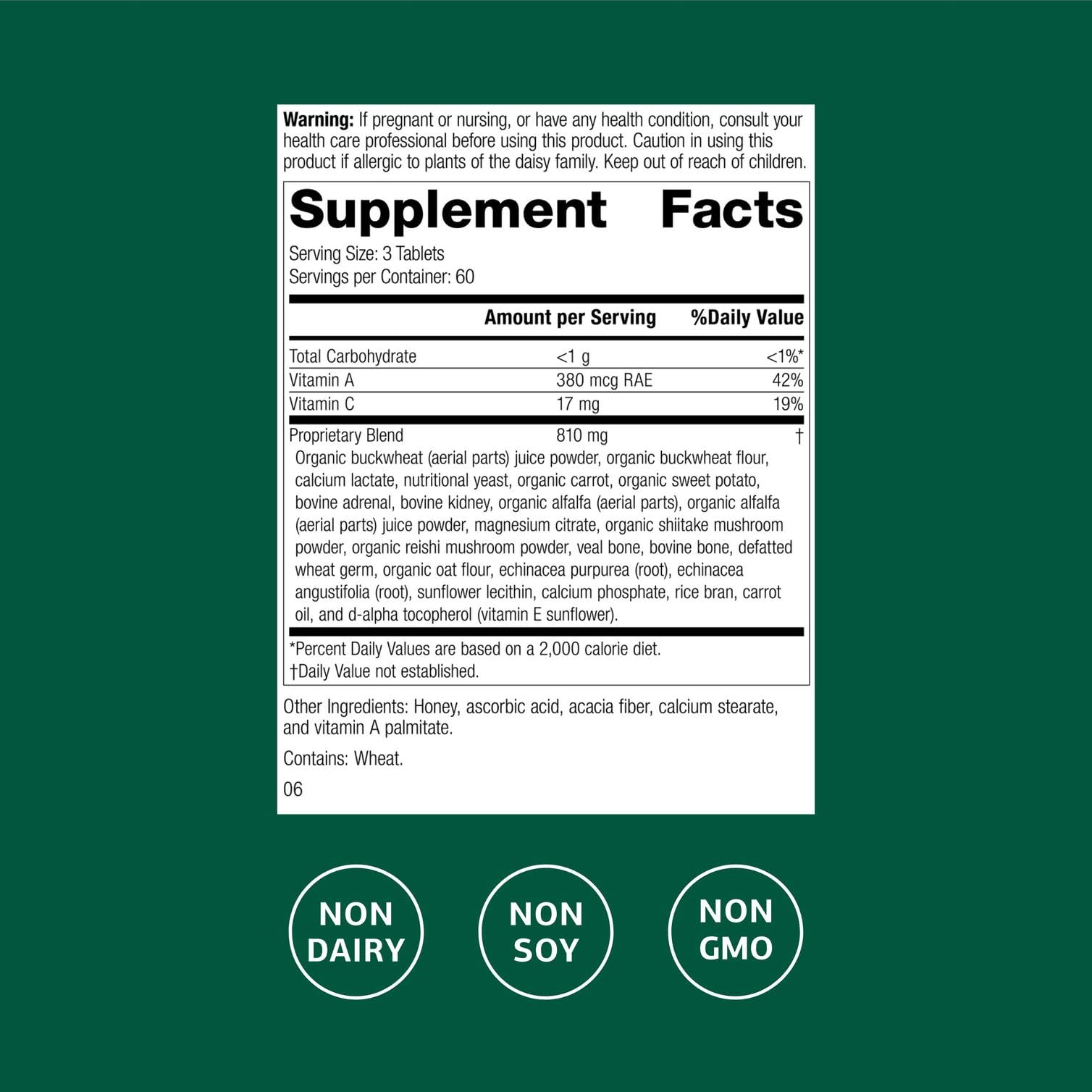 Standard Process Cataplex A-C-P bottle back view detailing immune-supporting ingredients and usage.